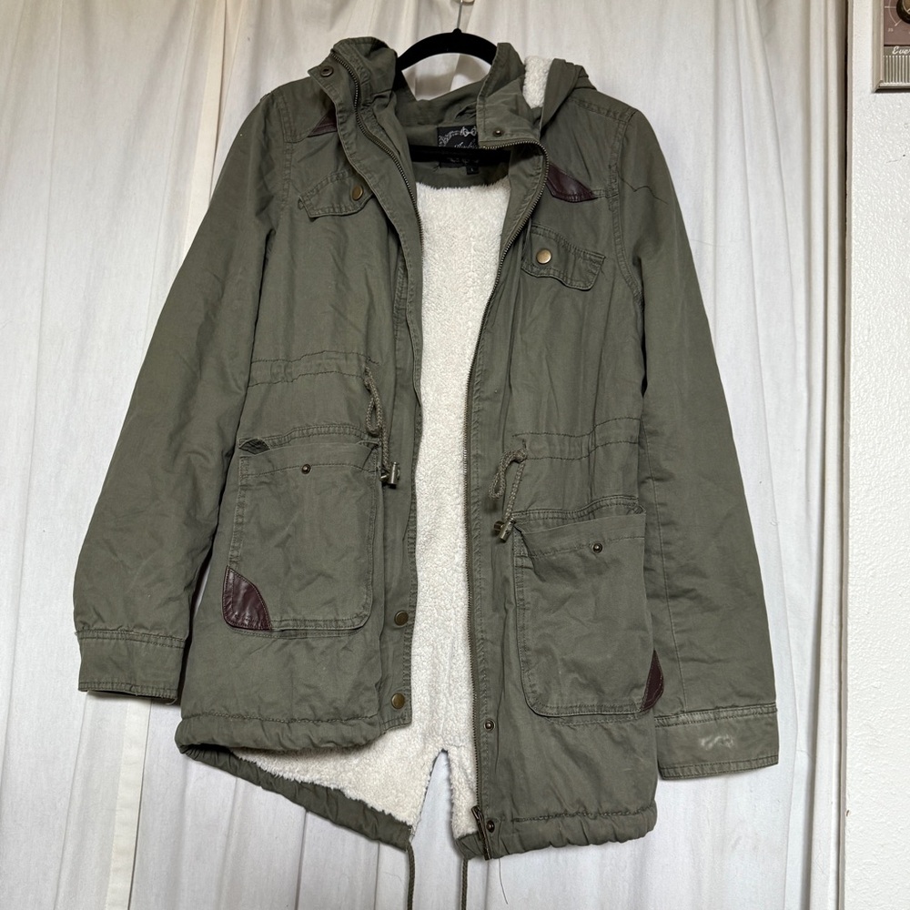 Ambiance L Green Utility Jacket with Sherpa Lining 100% Cotton Shell